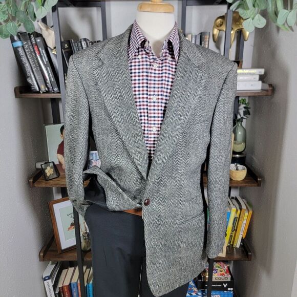 Robert Stock Men's Tweed Blazer Sport Coat‎ Two Button Wool Herringbone 44L - Picture 1 of 16